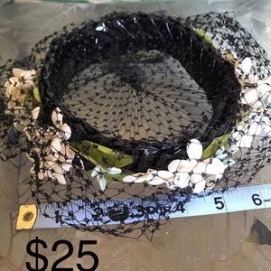 Vintage black netted halo hat/fascinator with flowers